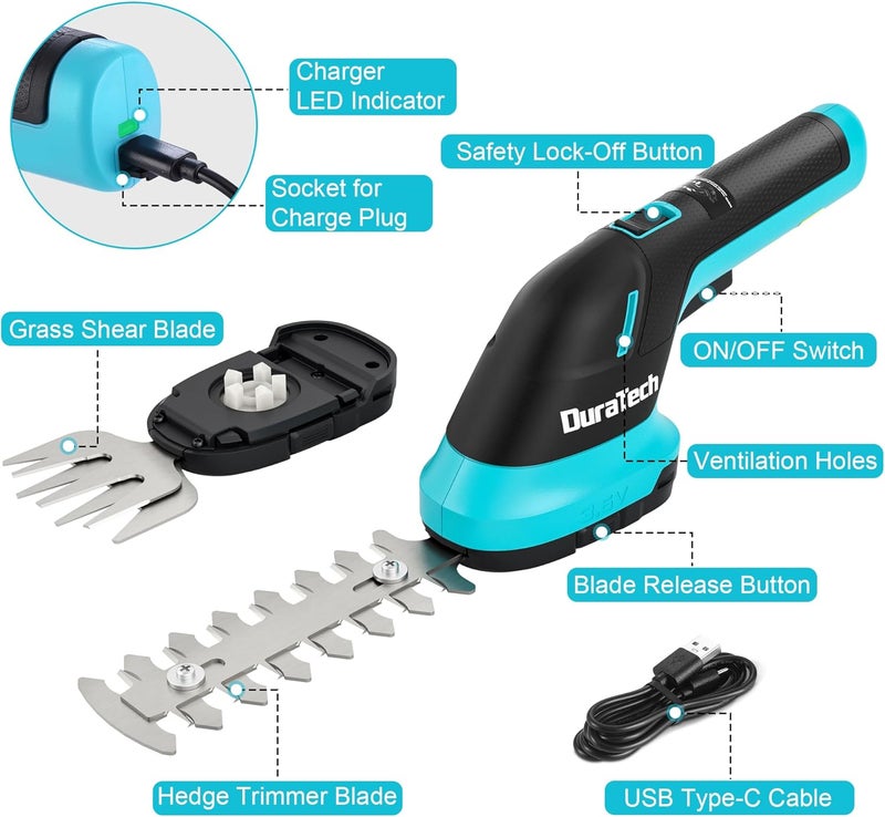 DURATECH Cordless Hedge Trimmer, 3.6V 2-in-1 Handheld Rechargeable Grass Trimmer & Hedge Shears with USB Type-C Cable, Built-in Li-ion Battery, Electric Shrub & Grass Shears for Garden, Yard and Lawn - Image 2